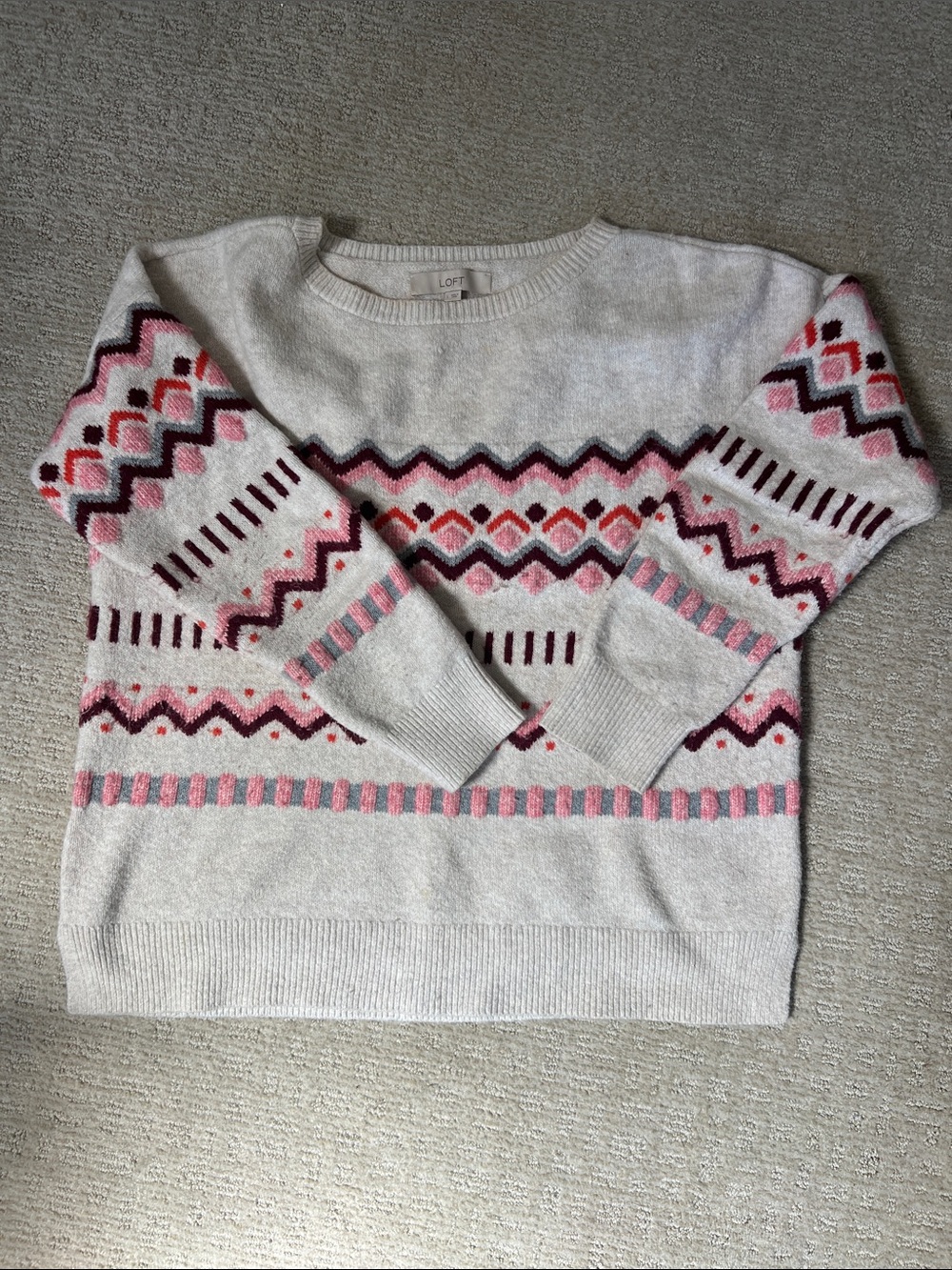 LOFT Cream Fair Isle Crewneck Sweater with Pink & Burgundy Accents